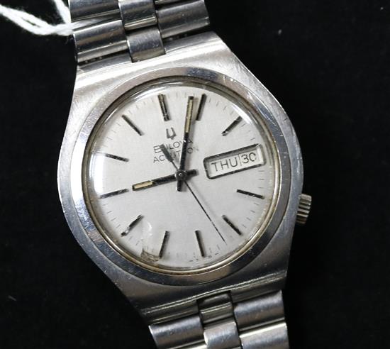 A gentlemans 1970s stainless steel Bulova Accutron wrist watch.